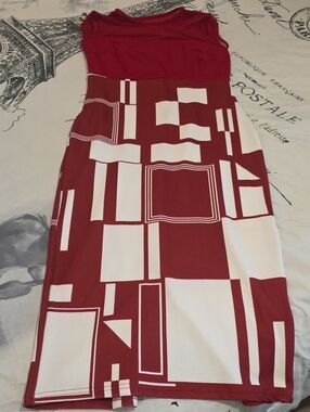 SHEIN Red and White Geometric Block Midi Dress